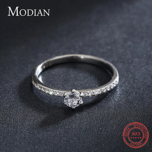 Modian Solid 925 Sterling Silver Simple Round Clear CZ Finger Rings For Women & Girls Cassic Wedding Statement Fine Jewelry Gift