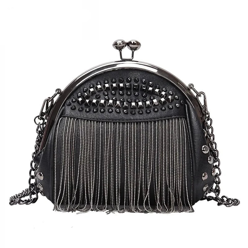 Gykaeo Luxury Handbags Women Bags Designer Punk Style Chains Shoulder Bag Ladies Small Rivet Tassel Cross Body Bag Sac A Main