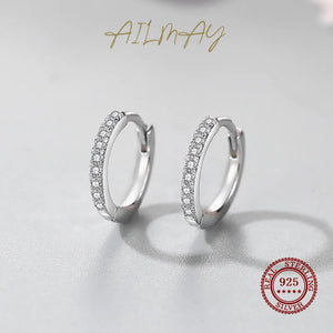 Ailmay 100% 925 Sterling Silver Clear Zircon Simple Fashion Hoop Earrings For Women Girls Anti-allergy Fine Jewelry Gifts