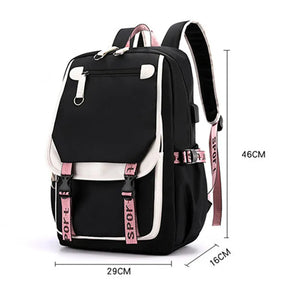 Fengdong large school bags for teenage girls USB port canvas schoolbag student book bag fashion black pink teen school backpack