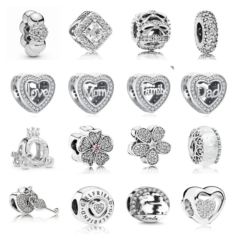 Fit Pandora 925 Original Bracelets White Stone Series Heart Wing Cross 925 Silver Plated Charms Beads DIY Birthday Jewelry Gift