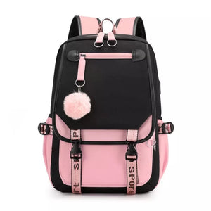 Fengdong large school bags for teenage girls USB port canvas schoolbag student book bag fashion black pink teen school backpack