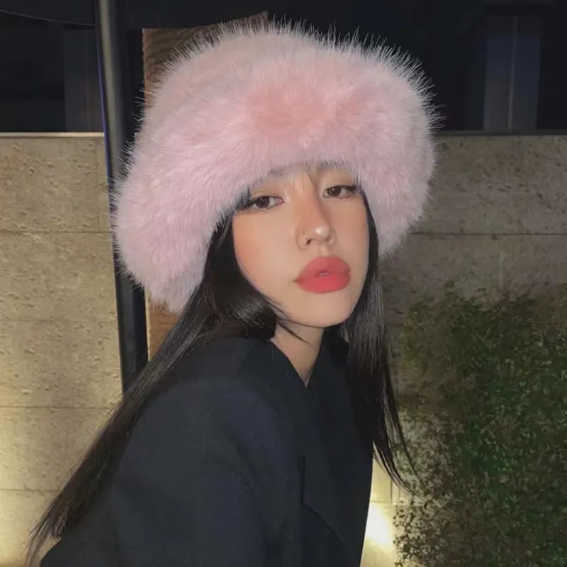 2023 y2k Fluffy Faux Fur Bucket Hat Women Rabbit Fur Warm Thick Plush Winter Hat Lady Luxury Fashion Furry Panama Fisherman Cap