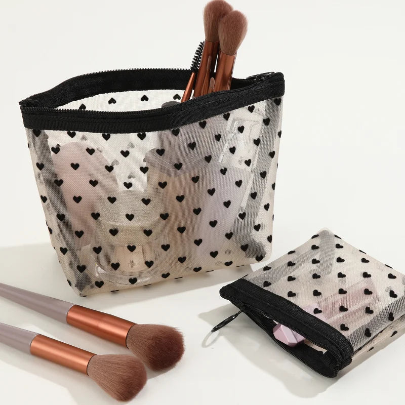 Heart-Shaped Nylon Mesh Cosmetic Bag Portable Toiletry Organizer Makeup Bag Multifunctional Women Lipstick Key Coin Purse Pouch