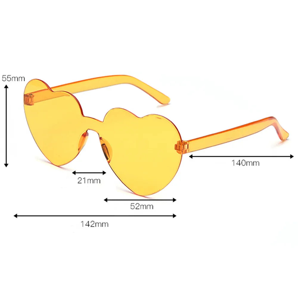 Love Heart Shape Sunglasses Women Rimless Frame Tint Clear Lens Colorful Sun Glasses Female Red Pink Yellow Shades Travel