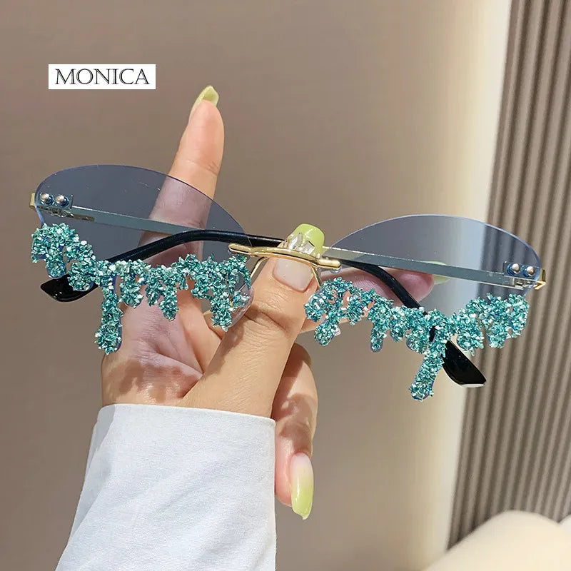 2024 Small Oval Rimless Tear Shape Rhinestone Sunglasses with Stone Brand Designer Punk Diamond Sun Glasses Gafas De Sol