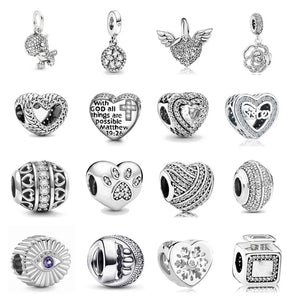 Fit Pandora 925 Original Bracelets White Stone Series Heart Wing Cross 925 Silver Plated Charms Beads DIY Birthday Jewelry Gift