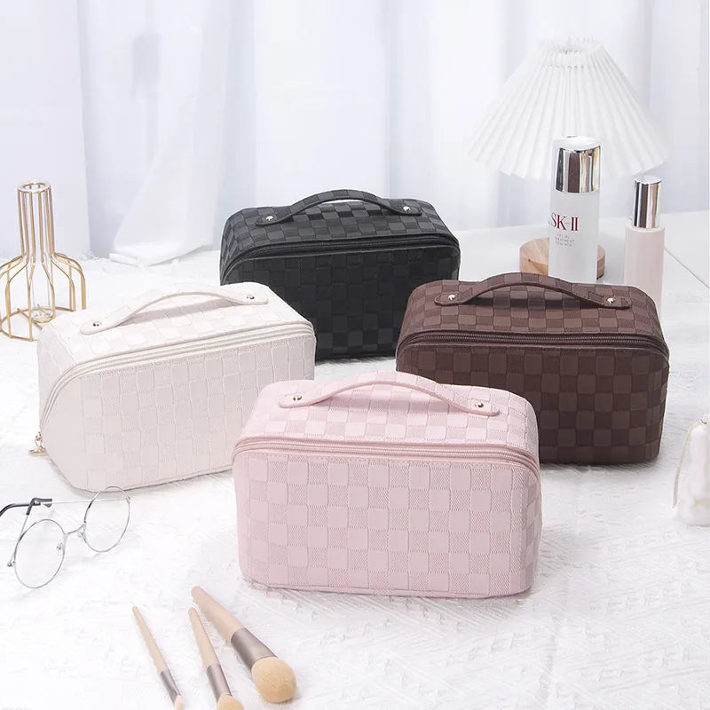 New Plaid Cosmetic Bag PU Pillow Makeup Pouch Women's Large-Capacity Luxury Wash Bag Multifunctional Travel Toiletry Kit Handbag