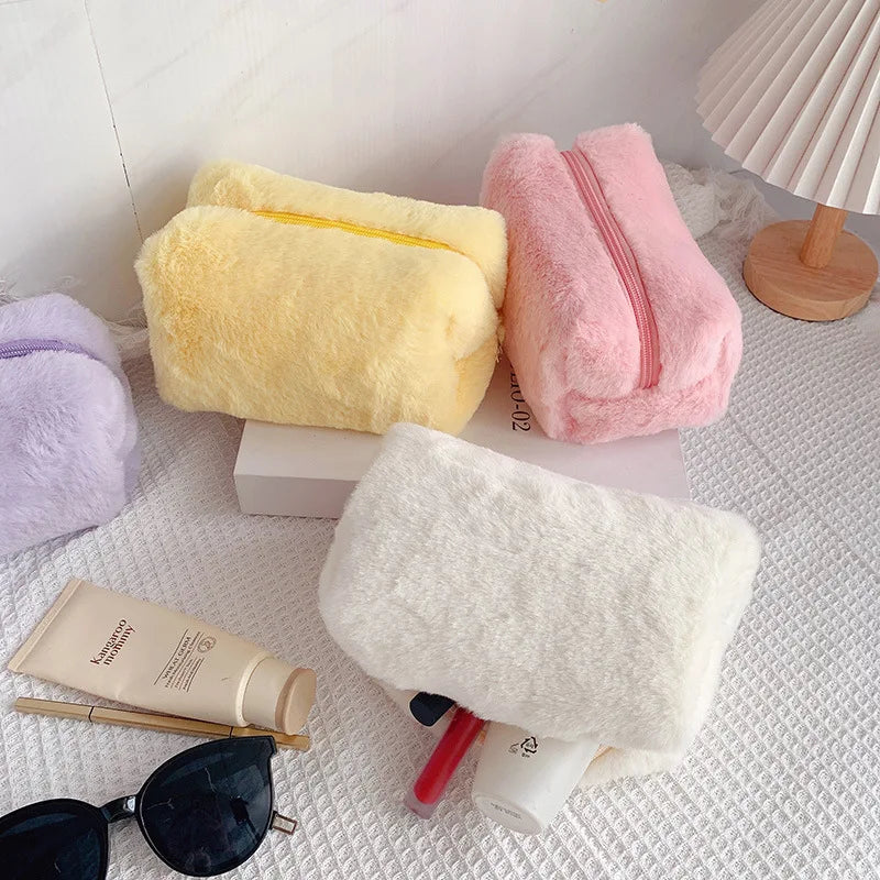 Fur Makeup Bags for Women Soft Travel Cosmetic Bag Organizer Case Young Lady Girls Make Up Case Necessaries 1 Pc Solid Handbags