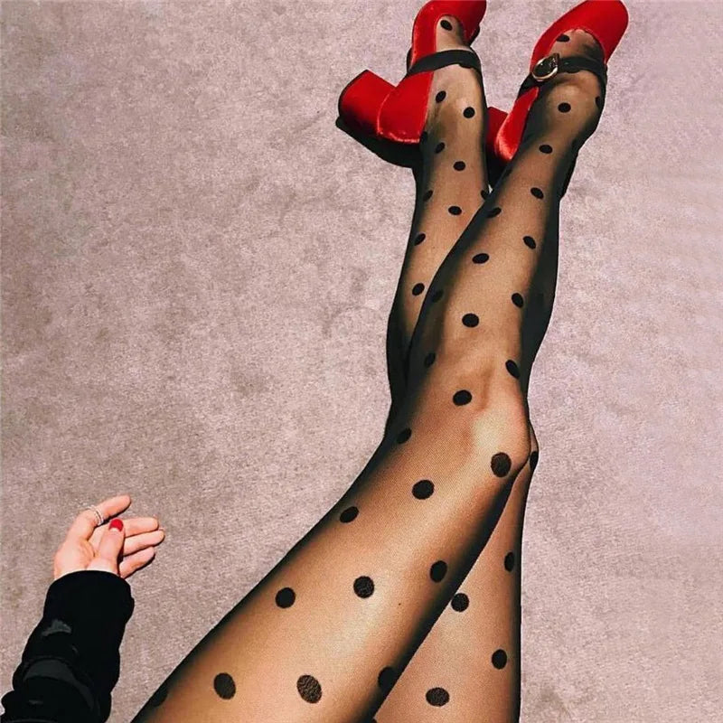 Polka Dot Print Stocking Women Sexy Tights Fishnet Mesh Seamless Pantyhose Nylon Black White Nightclub Female Ladies Silk Tights